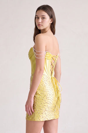 Yellow Off-the-Shoulder Satin Sheath Corset Homecoming Dress With Pearl (2) | KISSPROM