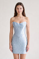 Sky Blue Off-the-Shoulder Satin Sheath Corset Homecoming Dress With Pearl | KISSPROM