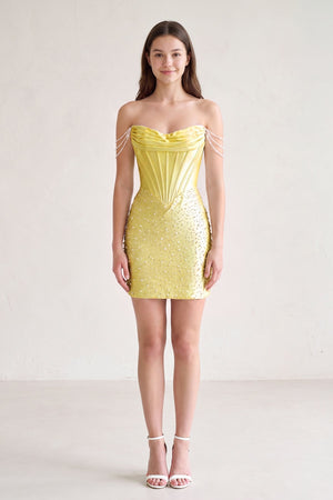 Yellow Off-the-Shoulder Satin Sheath Corset Homecoming Dress With Pearl (3) | KISSPROM