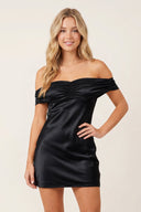 Black Off-the-Shoulder Satin Sheath Homecoming Dress | KISSPROM