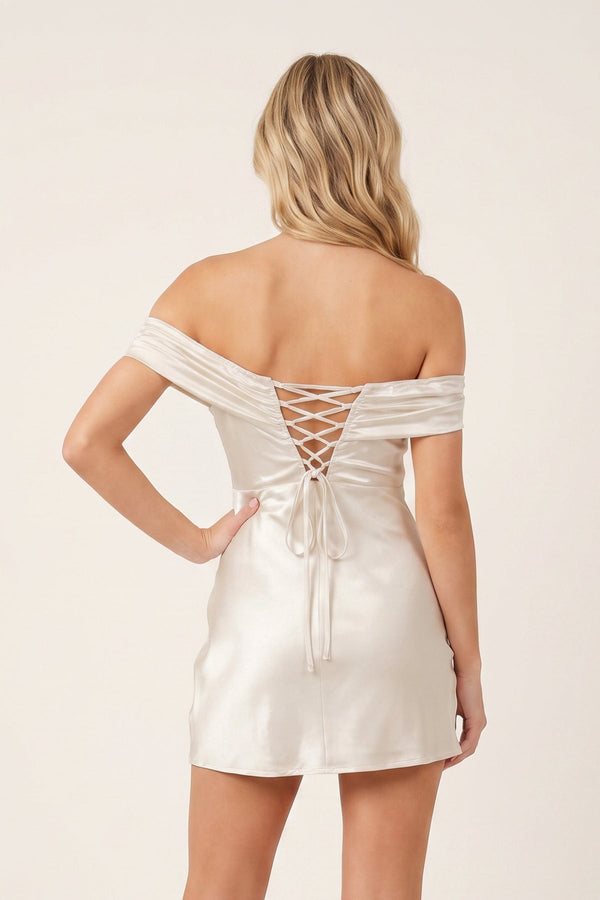 Ivory Off-the-Shoulder Satin Sheath Homecoming Dress - KissProm
