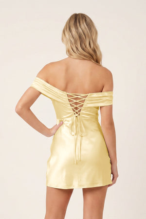 Yellow Off-the-Shoulder Satin Sheath Homecoming Dress | KISSPROM