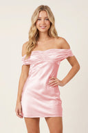 Pink Off-the-Shoulder Satin Sheath Homecoming Dress | KISSPROM