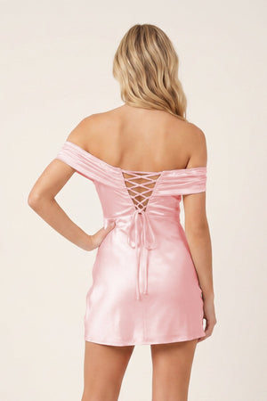 Pink Off-the-Shoulder Satin Sheath Homecoming Dress | KISSPROM