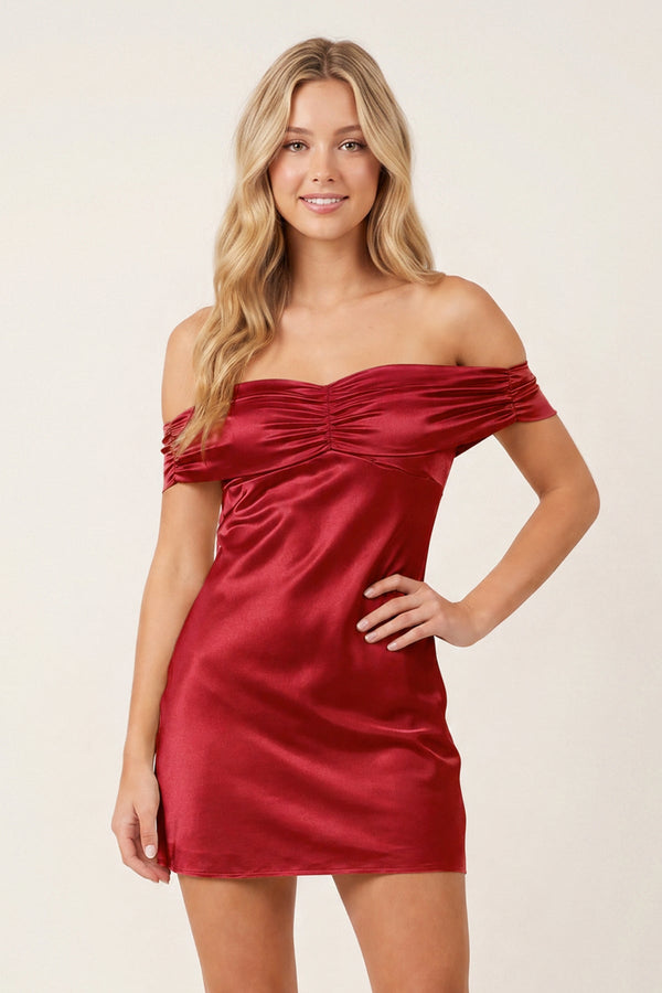 Burgundy Off-the-Shoulder Satin Sheath Homecoming Dress | KISSPROM