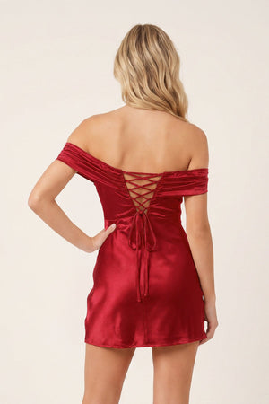 Burgundy Off-the-Shoulder Satin Sheath Homecoming Dress (2) | KISSPROM