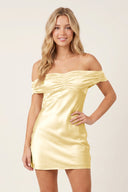 Yellow Off-the-Shoulder Satin Sheath Homecoming Dress | KISSPROM