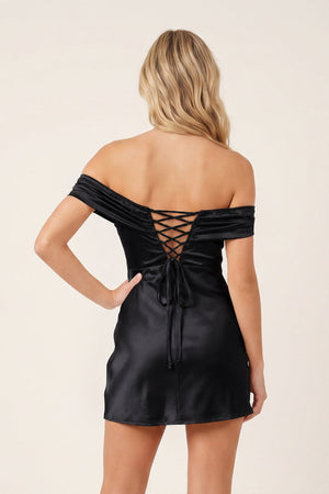 Black Off-the-Shoulder Satin Sheath Homecoming Dress (2) | KISSPROM