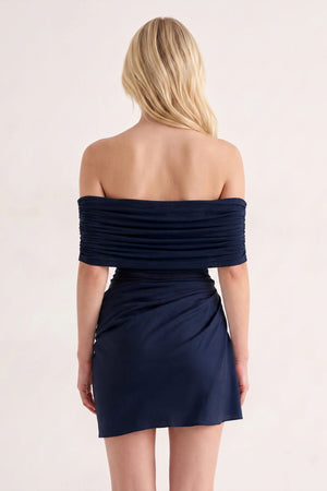 Navy Blue Off the Shoulder Sheath Ruched Tulle Homecoming Dress | KISSPROM