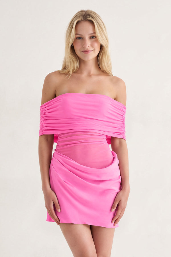 Hot Pink Off the Shoulder Sheath Ruched Tulle Homecoming Dress (3) | KISSPROM