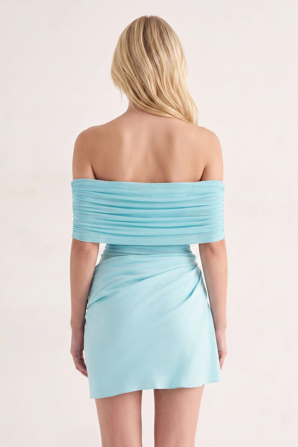 Aqua Off the Shoulder Sheath Ruched Tulle Homecoming Dress | KISSPROM