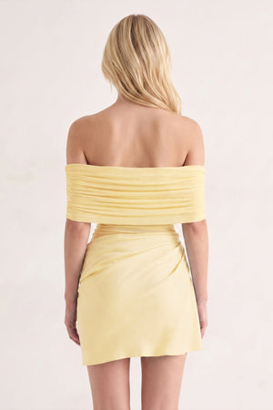 Yellow Off the Shoulder Sheath Ruched Tulle Homecoming Dress | KISSPROM