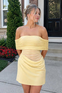 Yellow Off the Shoulder Sheath Ruched Tulle Homecoming Dress | KISSPROM
