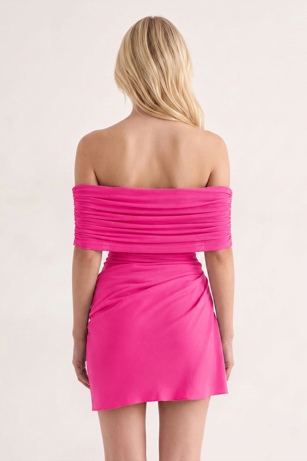 Fuchsia Off the Shoulder Sheath Ruched Tulle Homecoming Dress | KISSPROM