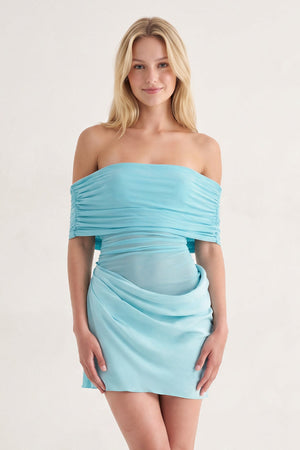 Aqua Off the Shoulder Sheath Ruched Tulle Homecoming Dress | KISSPROM