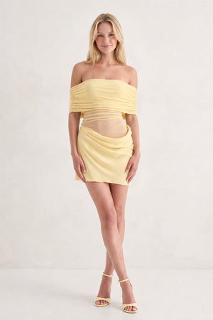 Yellow Off the Shoulder Sheath Ruched Tulle Homecoming Dress | KISSPROM