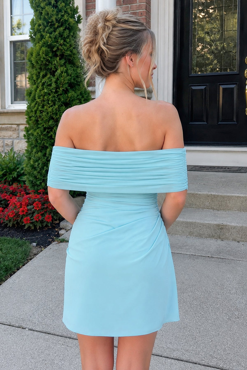 Aqua Off the Shoulder Sheath Ruched Tulle Homecoming Dress | KISSPROM