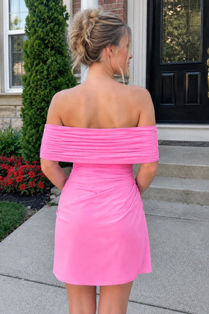 Hot Pink Off the Shoulder Sheath Ruched Tulle Homecoming Dress (2) | KISSPROM