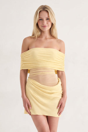 Yellow Off the Shoulder Sheath Ruched Tulle Homecoming Dress | KISSPROM
