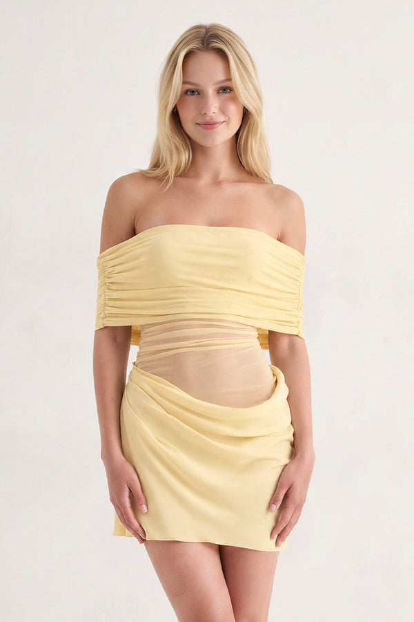 Yellow Off the Shoulder Sheath Ruched Tulle Homecoming Dress | KISSPROM