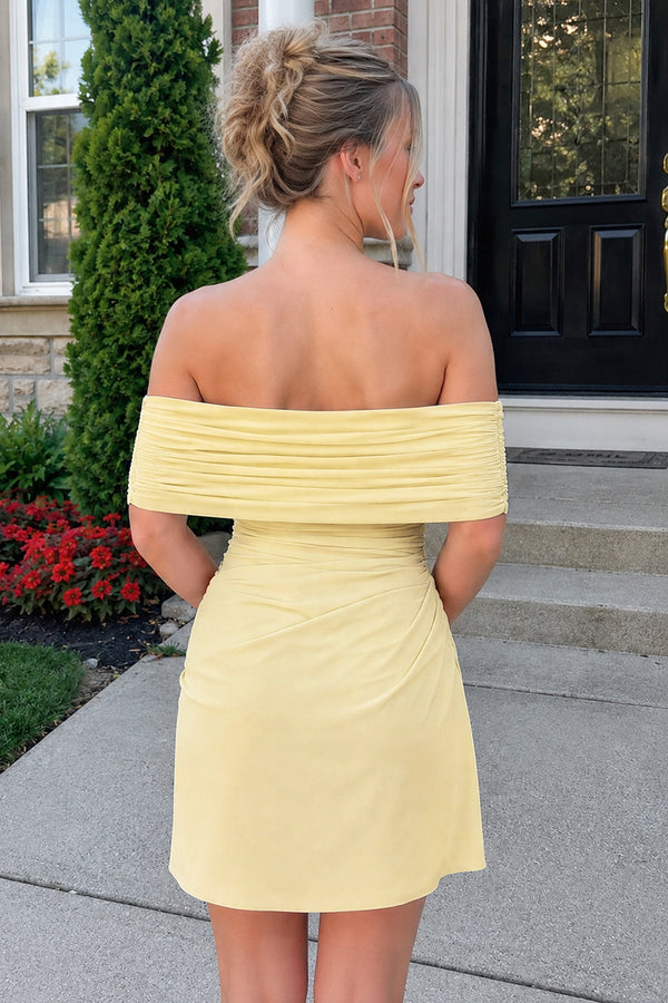 Yellow Off the Shoulder Sheath Ruched Tulle Homecoming Dress | KISSPROM