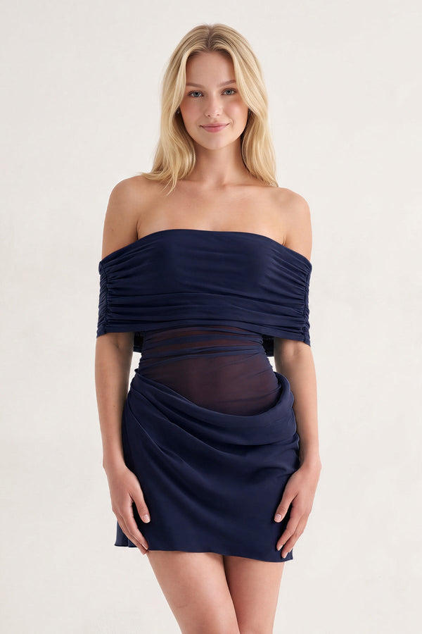 Navy Blue Off the Shoulder Sheath Ruched Tulle Homecoming Dress | KISSPROM