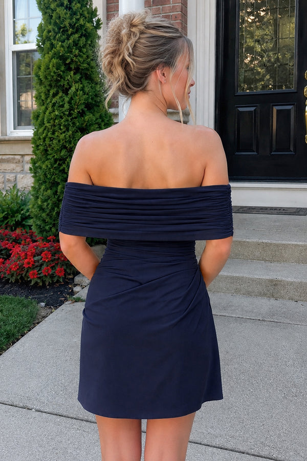 Navy Blue Off the Shoulder Sheath Ruched Tulle Homecoming Dress | KISSPROM