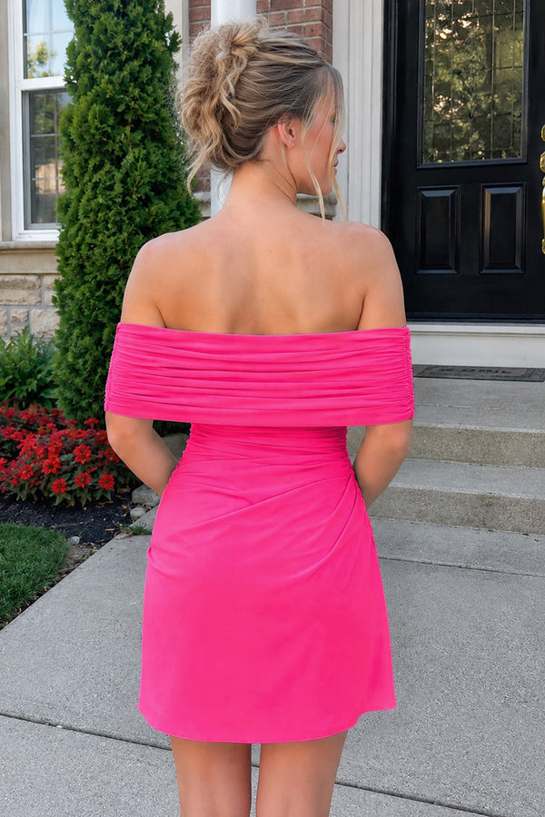 Fuchsia Off the Shoulder Sheath Ruched Tulle Homecoming Dress | KISSPROM
