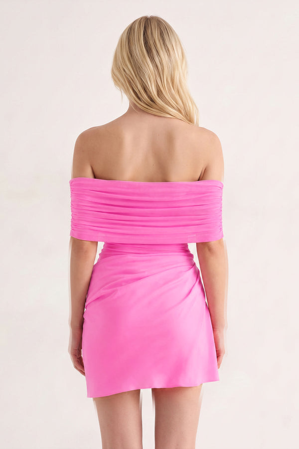 Hot Pink Off the Shoulder Sheath Ruched Tulle Homecoming Dress (5) | KISSPROM