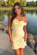 Yellow One-Shoulder Satin Ruched Sheath Homecoming Dress | KISSPROM
