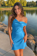 Azure One-Shoulder Satin Ruched Sheath Homecoming Dress | KISSPROM