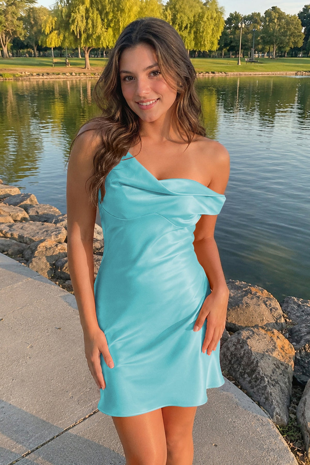 Aqua One-Shoulder Satin Ruched Sheath Homecoming Dress | KISSPROM