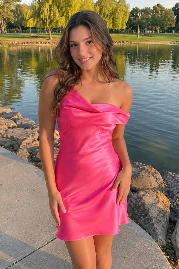 Hot Pink One-Shoulder Satin Ruched Sheath Homecoming Dress - KISSROM