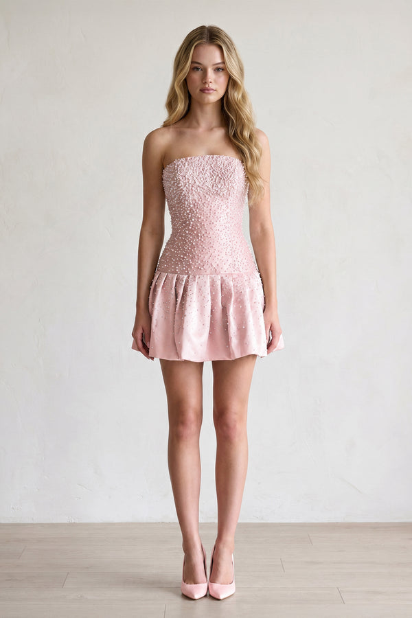 Pink Pearl A-Line Strapless Satin Homecoming Dress With Lace-up Back - KISSPROM
