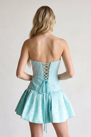 Aqua Pearl A-Line Strapless Satin Homecoming Dress With Lace-up Back - KISSPROM