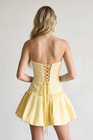 Yellow Pearl A-Line Strapless Satin Homecoming Dress With Lace-up Back (2) | KISSPROM