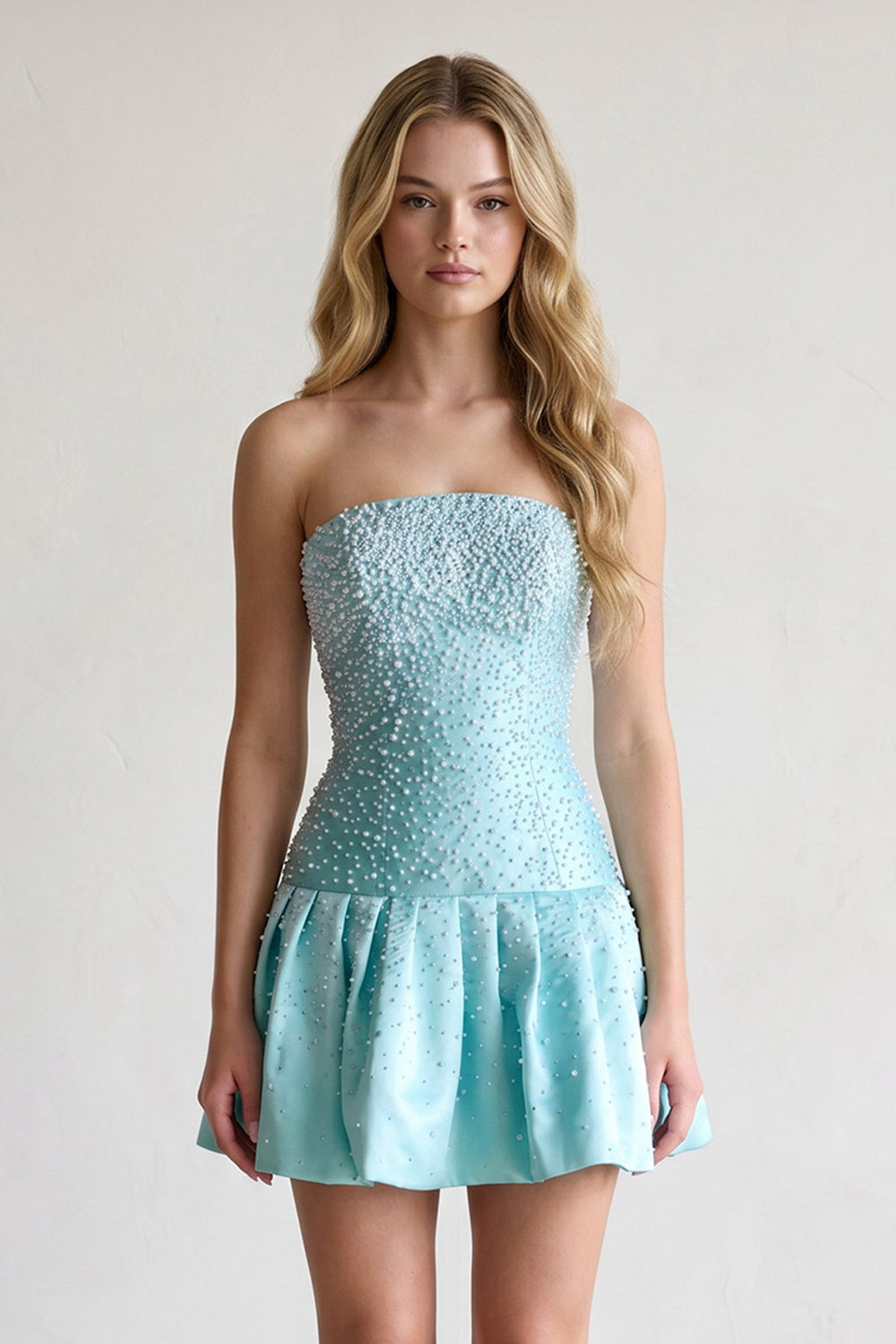 Aqua Pearl A-Line Strapless Satin Homecoming Dress With Lace-up Back - KISSPROM