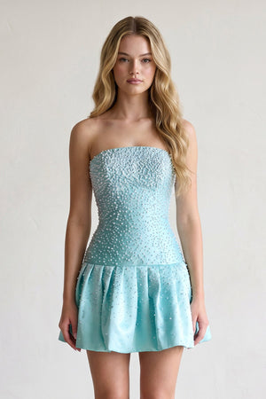 Aqua Pearl A-Line Strapless Satin Homecoming Dress With Lace-up Back - KISSPROM