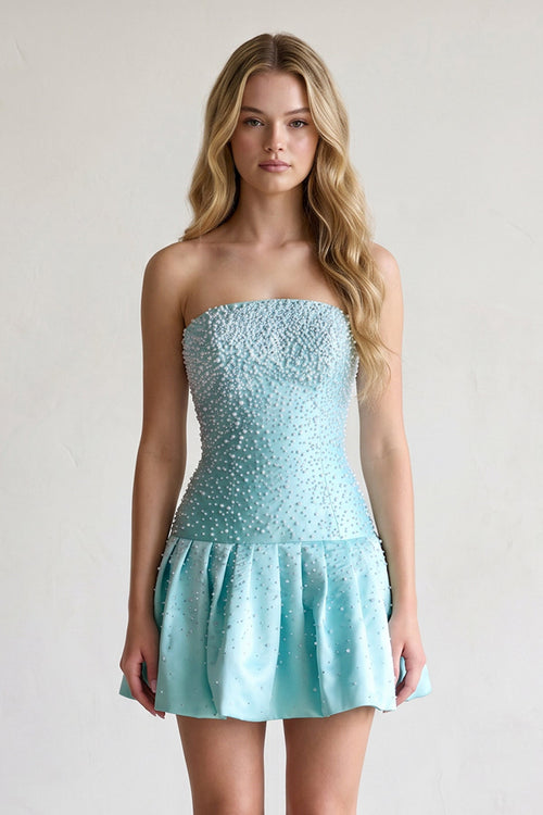 Aqua Pearl A-Line Strapless Satin Homecoming Dress With Lace-up Back - KISSPROM