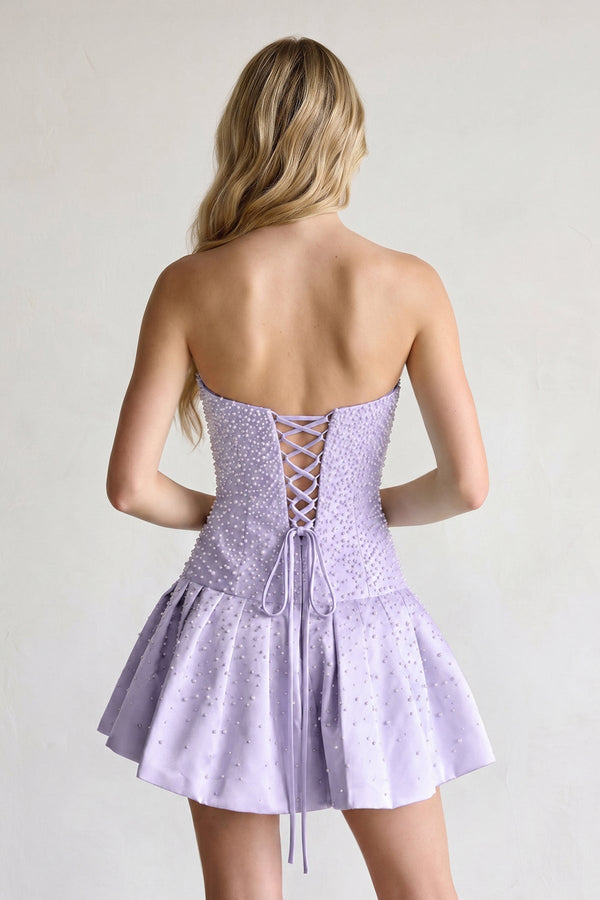 Lavender Pearl A-Line Strapless Satin Homecoming Dress With Lace-up Back (2) | KISSPROM