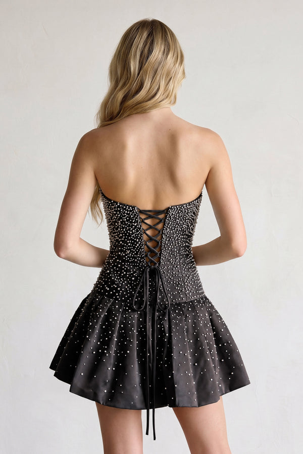 Black Pearl A-Line Strapless Satin Homecoming Dress With Lace-up Back - KISSPROM