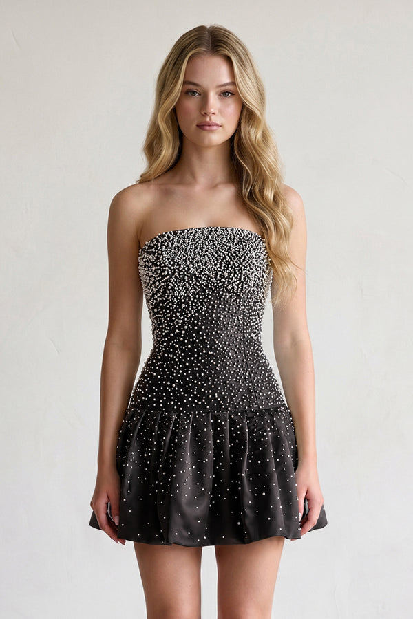 Black Pearl A-Line Strapless Satin Homecoming Dress With Lace-up Back - KISSPROM