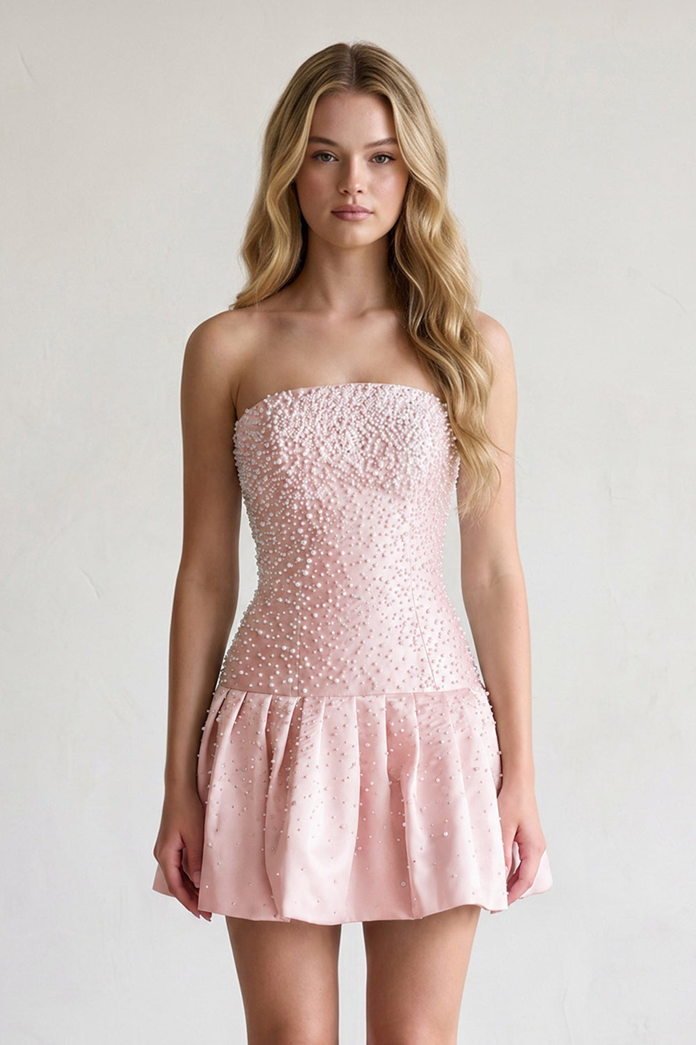 Pink Pearl A-Line Strapless Satin Homecoming Dress With Lace-up Back - KISSPROM