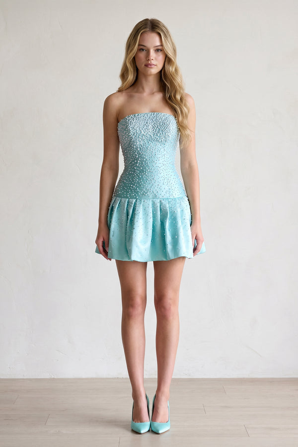 Aqua Pearl A-Line Strapless Satin Homecoming Dress With Lace-up Back - KISSPROM