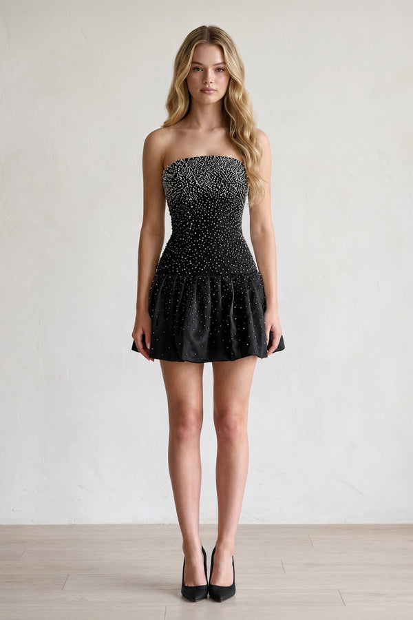 Black Pearl A-Line Strapless Satin Homecoming Dress With Lace-up Back - KISSPROM