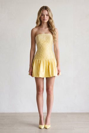 Yellow Pearl A-Line Strapless Satin Homecoming Dress With Lace-up Back (3) | KISSPROM