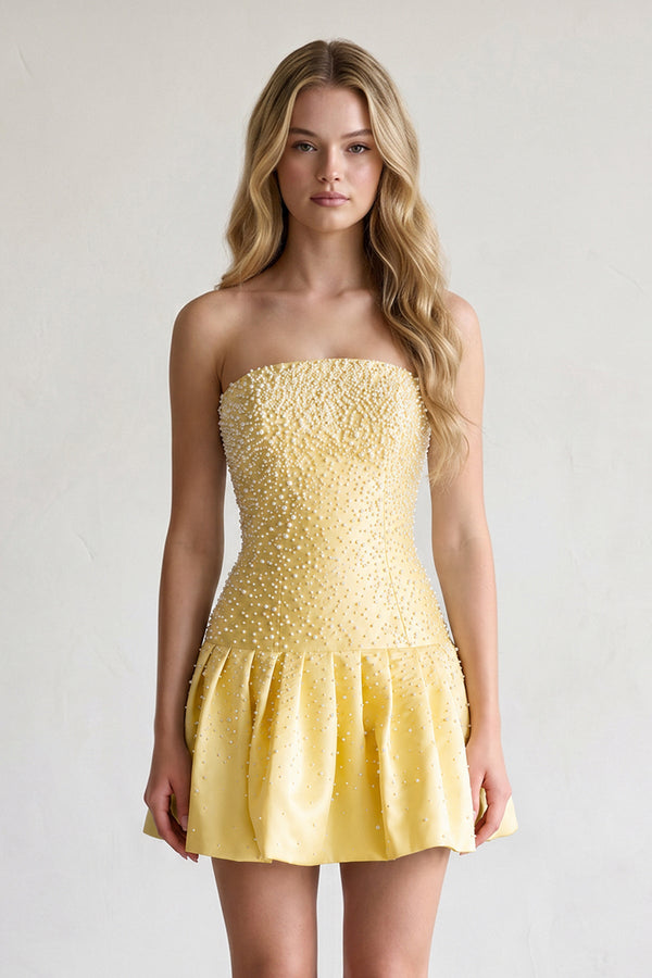 Yellow Pearl A-Line Strapless Satin Homecoming Dress With Lace-up Back | KISSPROM