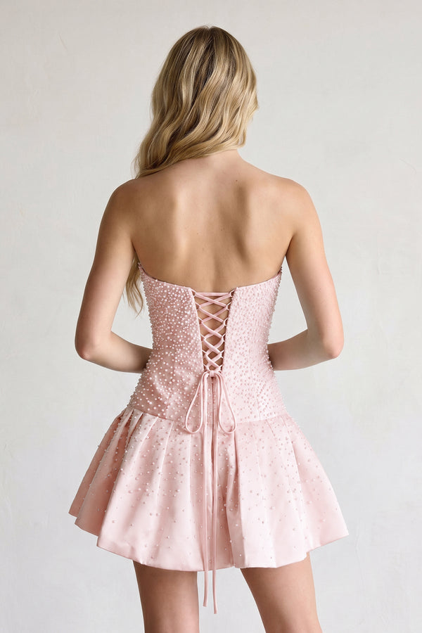 Pink Pearl A-Line Strapless Satin Homecoming Dress With Lace-up Back - KISSPROM