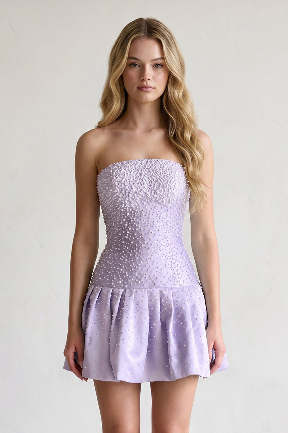 Lavender Pearl A-Line Strapless Satin Homecoming Dress With Lace-up Back | KISSPROM