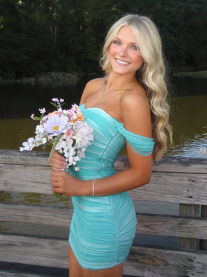 Aqua Pink Off The Shoulder Tulle Short Homecoming Dresses (2) | KISSPROM